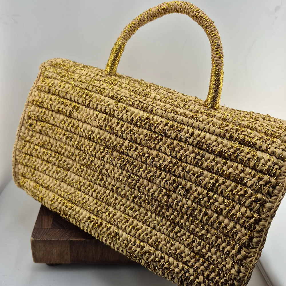 Woven Straw Top-Handle Bag in Gold and Cream